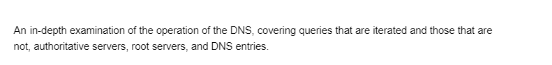 An in-depth examination of the operation of the DNS, covering queries that are iterated and those that are
not, authoritative servers, root servers, and DNS entries.