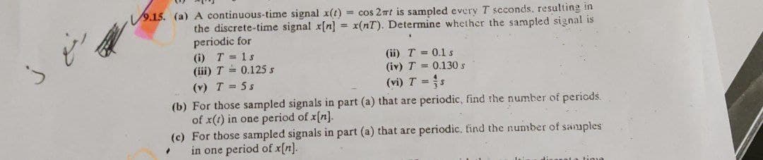 رفع ذ
√9.15.
9.15. (a) A continuous-time signal x(t) = cos 2mt is sampled every T seconds, resulting in
the discrete-time signal x[n] = x(nT). Determine whether the sampled signal is
periodic for
(i) T = 1s
(iii) T= 0.125 s
(v) T = 5s
(ii) T= 0.1 s
(iv) T= 0.130 s
(vi) T = s
(b) For those sampled signals in part (a) that are periodic, find the number of periods.
of x() in one period of x[n].
(c) For those sampled signals in part (a) that are periodic. find the number of samples
in one period of x[n].
"
divorata time