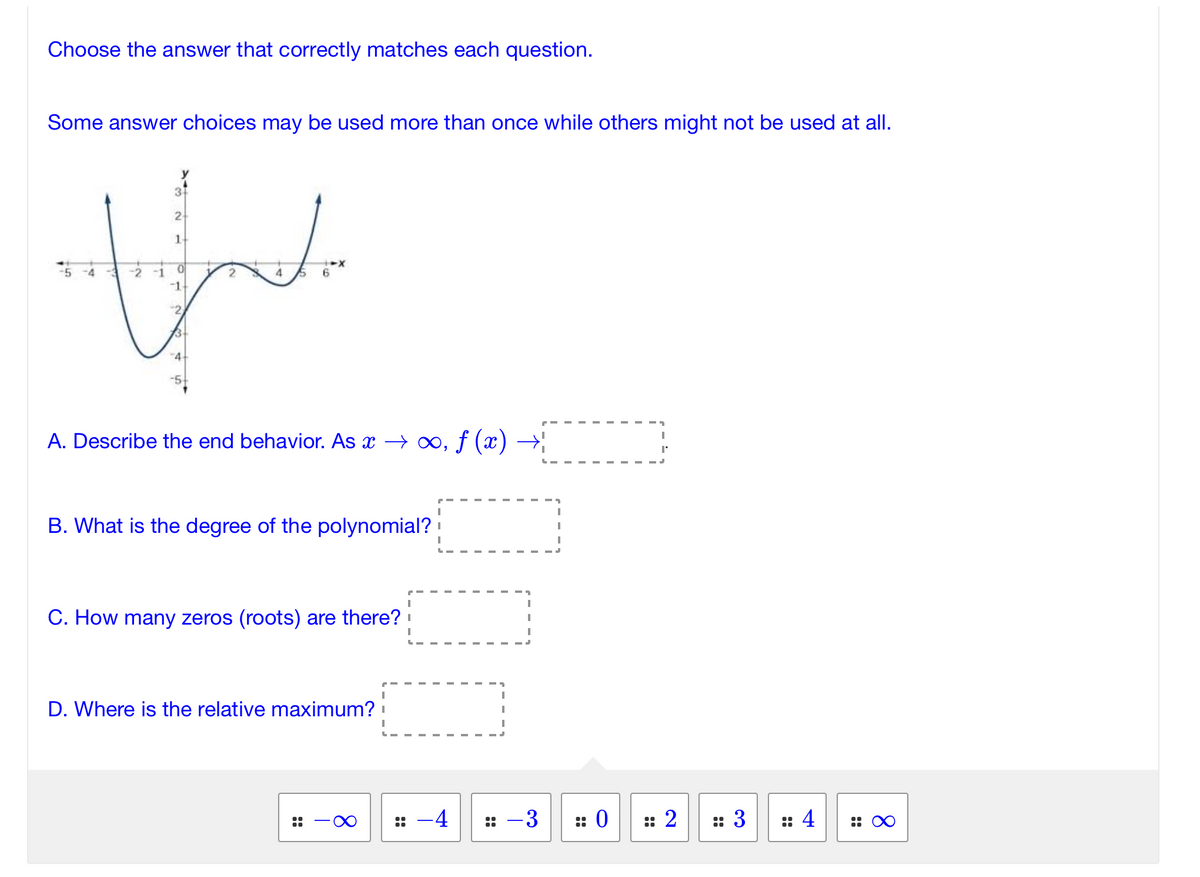 Choose the answer that correctly matches each question.
Some answer choices may be used more than once while others might not be used at all.
یہ تا
ال
-2 -1
4
2
4
6
A. Describe the end behavior. As a → oo, f (a)
B. What is the degree of the polynomial?
C. How many zeros (roots) are there? :
D. Where is the relative maximum? -
000
.
-4
:: -3
.
:: 0
:: 2
::
3
#4
* 0