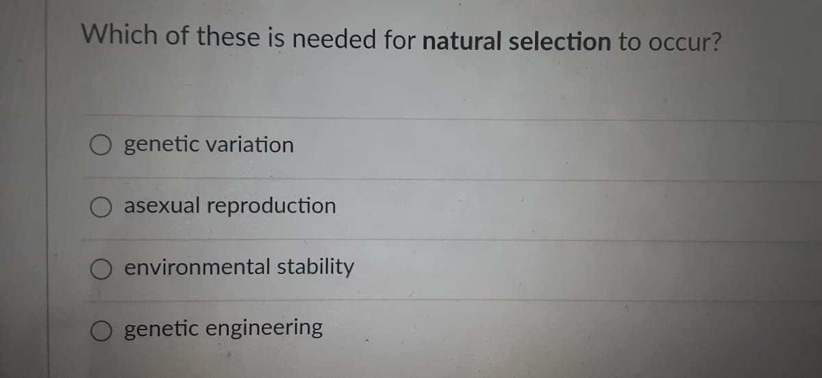 Which of these is needed for natural selection to occur?
O genetic variation
asexual reproduction
environmental stability
genetic engineering
