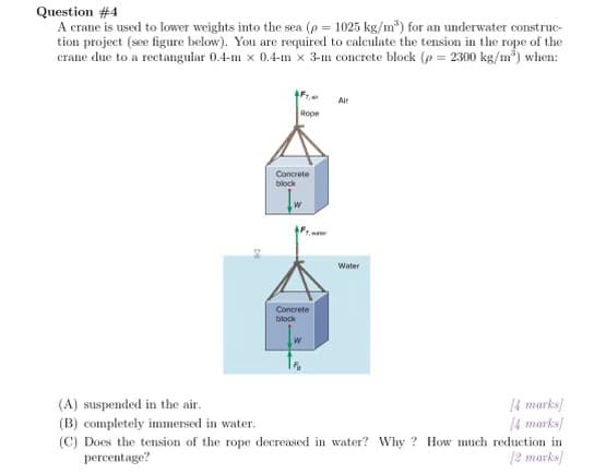 Question #4
A crane is used to lower weights into the sea (p = 1025 kg/m³) for an underwater construc-
tion project (see figure below). You are required to calculate the tension in the rope of the
crane due to a rectangular 0.4-m x 0.4-m x 3-m concrete block (p= 2300 kg/m³) when:
41.
Rope
Concrete
block
W
Concrete
block
W
Air
Water
(A) suspended in the air.
(B) completely immersed in water.
(C) Does the tension of the rope decreased in water? Why? How much reduction in
percentage?
[2 marks]
(4 marks]
(4 marks]