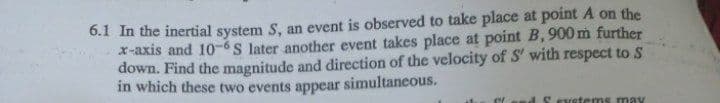 6.1 In the inertial system S, an event is observed to take place at point A on the
x-axis and 10-6 S later another event takes place at point B, 900 m further
down. Find the magnitude and direction of the velocity of S' with respect to S
in which these two events appear simultaneous.
ad S evetems may
