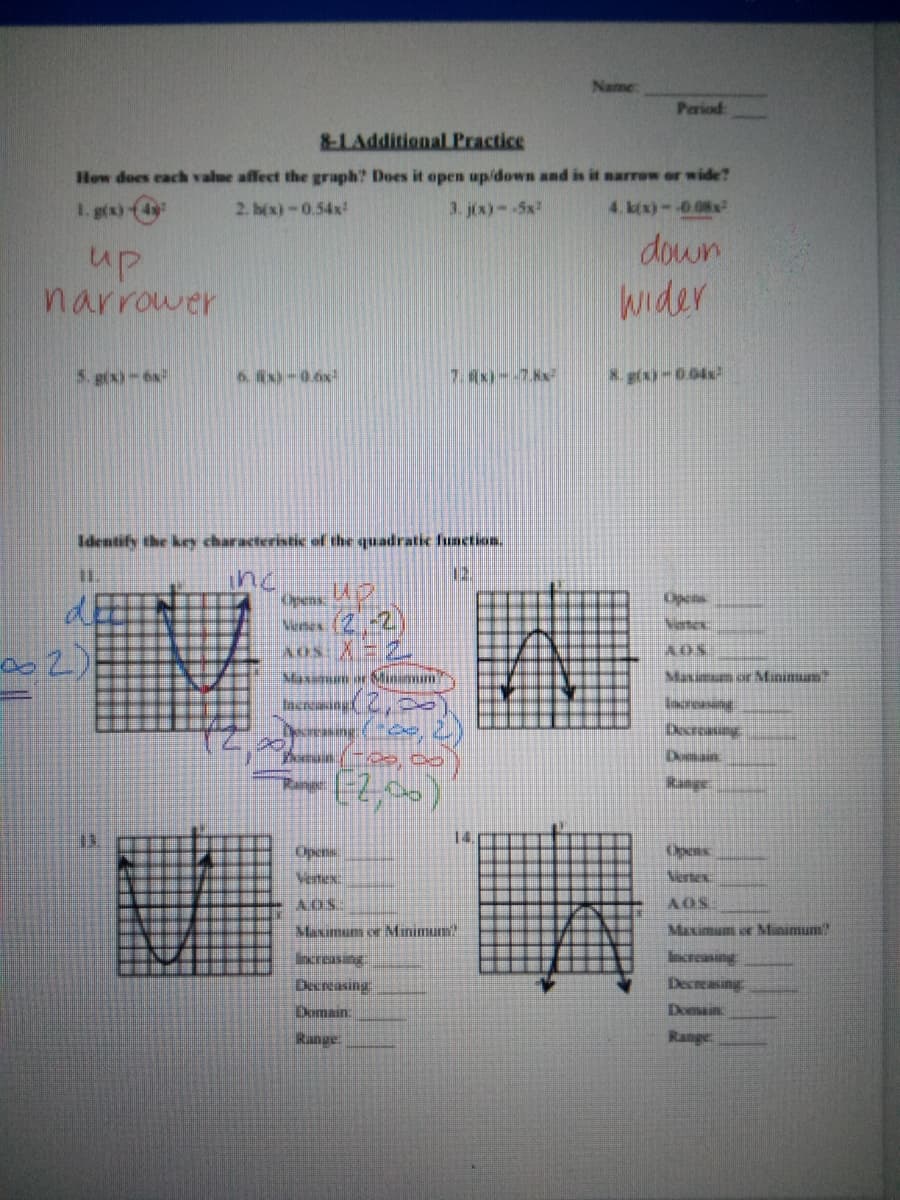 Name:
Pariod:
8LAdditional Practice
How does each value affect the graph? Does it open up/down and is it narrew or wide?
1. gtx)
2. hx)-0.54x
3. jox)--5x
4. k(x)-0.08x
down
up
narrower
wider
5. g(x)-6x
6. x)-0.6x
7.x)--7Kx
. g(x)-0.04
Identify the key characteristic of the quadratic function.
12.
ine
Opens
Menes (2-2
AON: A I .
d
Nertex:
02)
Masunuen
Mnmum
Maxamam or Minimuam
hoeధ్
Decteasng
Dosain
Raine
Range:
13.
14.
Opens
Opeas
Vernex:
Nertex:
AOS.
AOS
Maximum or Minimum
Maximum er Minimum!
Increasing
ncreasing
Decreasing
Decreasing
Domain:
Domain
Range:
Range
