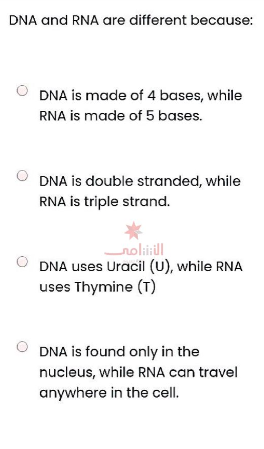 DNA and RNA are different because:
DNA is made of 4 bases, while
RNA is made of 5 bases.
DNA is double stranded, while
RNA is triple strand.
الأنتنامى
DNA uses Uracil (U), while RNA
uses Thymine (T)
DNA is found only in the
nucleus, while RNA can travel
anywhere in the cell.