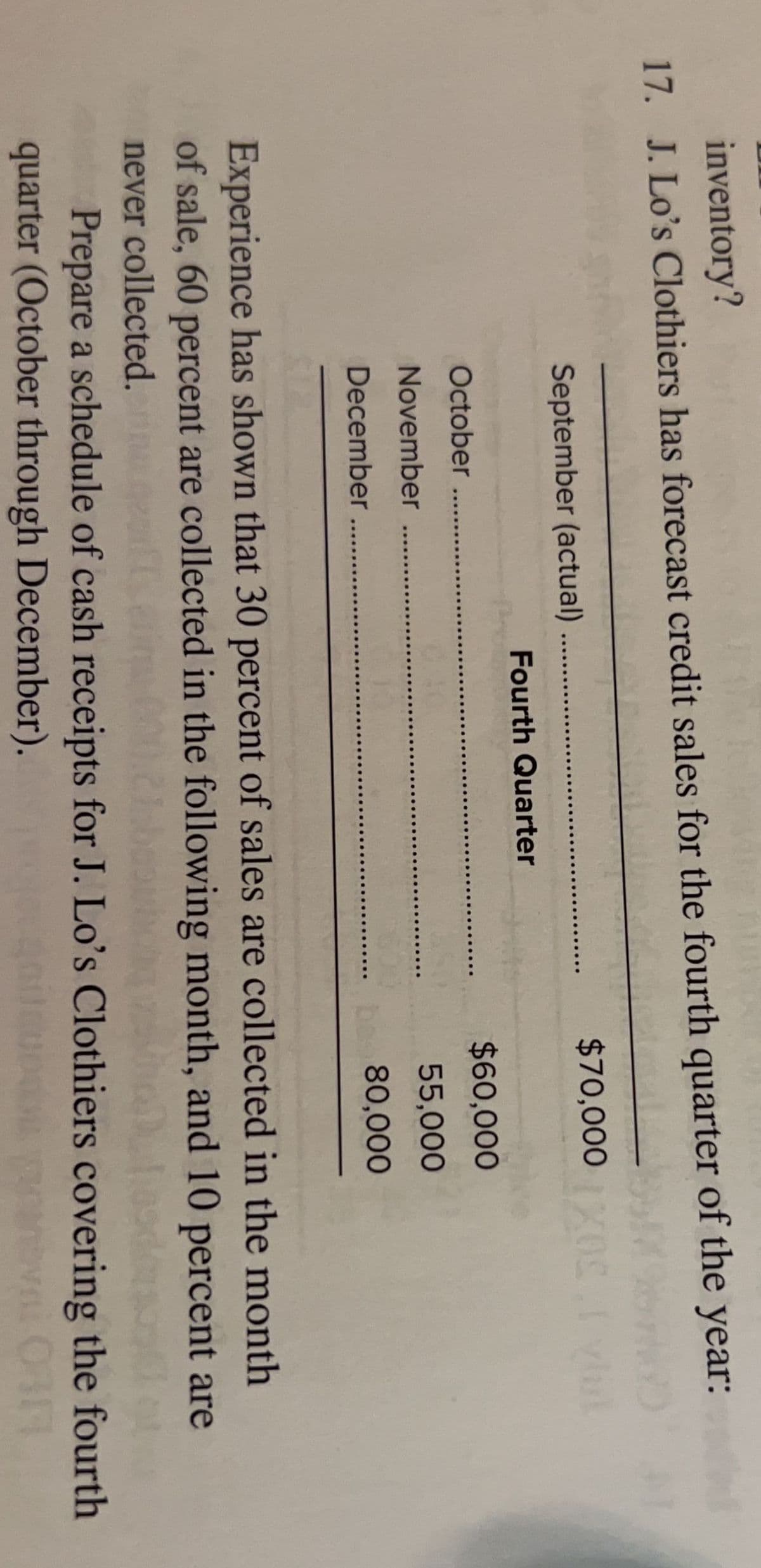 inventory?
17. J. Lo's Clothiers has forecast credit sales for the fourth quarter of the year:
$70,000 0S.I
September (actual)
Fourth Quarter
October
$60,000
...
November
55,000
December
80,000
Experience has shown that 30 percent of sales are collected in the month
of sale, 60 percent are collected in the following month, and 10 percent are
never collected.
Prepare a schedule of cash receipts for J. Lo's Clothiers covering the fourth
quarter (October through December).
