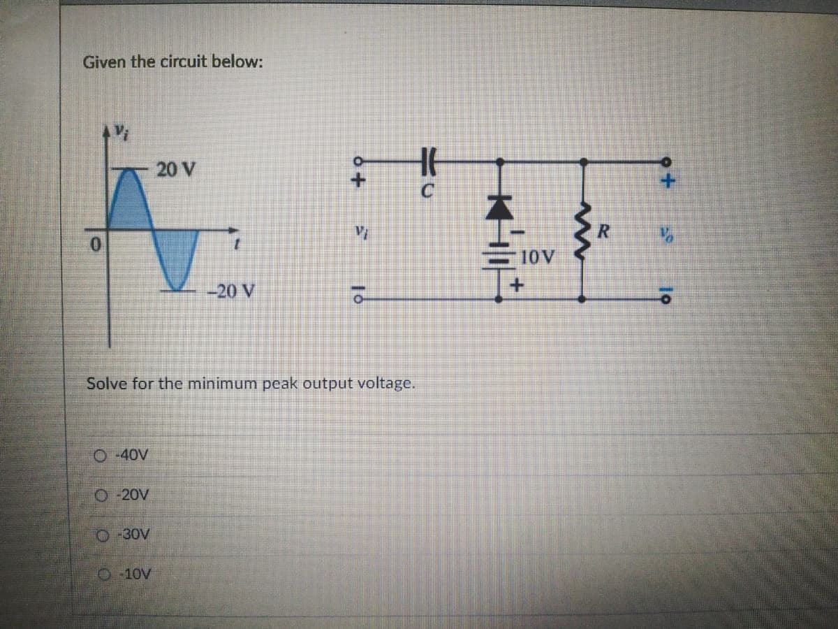 Given the circuit below:
20 V
10V
-20 V
+.
Solve for the minimum peak output voltage.
O 40V
O-20V
O-30V
O10V
