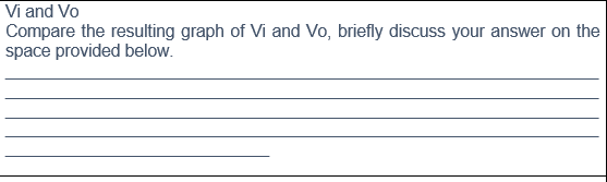 Vi and Vo
Compare the resulting graph of Vi and Vo, briefly discuss your answer on the
space provided below.
