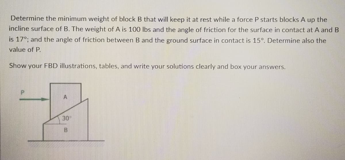 Determine the minimum weight of block B that will keep it at rest while a force P starts blocks A up the
incline surface of B. The weight of A is 100 lbs and the angle of friction for the surface in contact at A and B
is 17°; and the angle of friction between B and the ground surface in contact is 15°. Determine also the
value of P.
Show your FBD illustrations, tables, and write your solutions clearly and box your answers.
A
30
