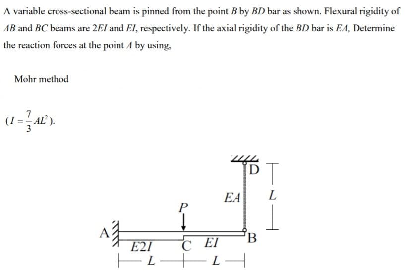 A variable cross-sectional beam is pinned from the point B by BD bar as shown. Flexural rigidity of
AB and BC beams are 2El and EI, respectively. If the axial rigidity of the BD bar is EA, Determine
the reaction forces at the point A by using,
Mohr method
7
AL ).
3
EA
L
P
E2I
C EI
