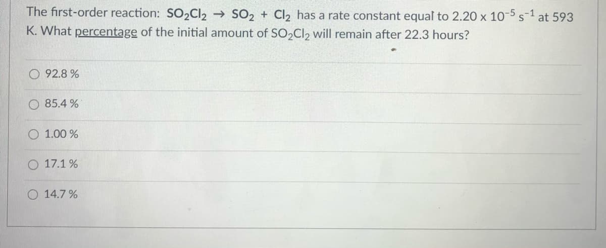 The first-order reaction: SO2CI2 → SO2 + Cl2 has a rate constant equal to 2.20 x 105s1
at 593
K. What percentage of the initial amount of SO,Cl2 will remain after 22.3 hours?
O 92.8 %
85.4 %
1.00 %
O 17.1 %
14.7 %
