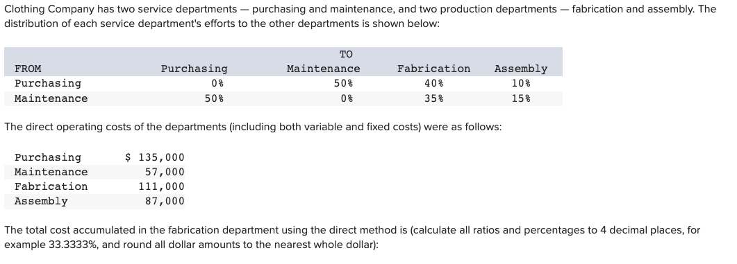 Clothing Company has two service departments - purchasing and maintenance, and two production departments - fabrication and assembly. The
distribution of each service department's efforts to the other departments is shown below:
FROM
Purchasing
Maintenance
Purchasing
50%
0%
Fabrication
40%
35%
The direct operating costs of the departments (including both variable and fixed costs) were as follows:
Purchasing
Maintenance
Fabrication
Assembly
$ 135,000
57,000
111,000
87,000
TO
0%
50%
Maintenance
Assembly
10%
15%
The total cost accumulated in the fabrication department using the direct method is (calculate all ratios and percentages to 4 decimal places, for
example 33.3333%, and round all dollar amounts to the nearest whole dollar):