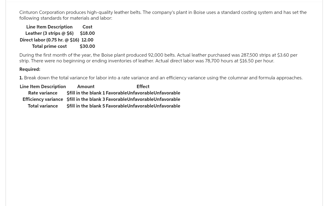 Cinturon Corporation produces high-quality leather belts. The company's plant in Boise uses a standard costing system and has set the
following standards for materials and labor:
Line Item Description
Cost
Leather (3 strips @ $6) $18.00
Direct labor (0.75 hr. @ $16) 12.00
Total prime cost
$30.00
During the first month of the year, the Boise plant produced 92,000 belts. Actual leather purchased was 287,500 strips at $3.60 per
strip. There were no beginning or ending inventories of leather. Actual direct labor was 78,700 hours at $16.50 per hour.
Required:
1. Break down the total variance for labor into a rate variance and an efficiency variance using the columnar and formula approaches.
Line Item Description
Effect
Amount
Rate variance
Efficiency variance
Total variance
$fill in the blank 1 FavorableUnfavorableUnfavorable
$fill in the blank 3 FavorableUnfavorableUnfavorable
$fill in the blank 5 FavorableUnfavorableUnfavorable