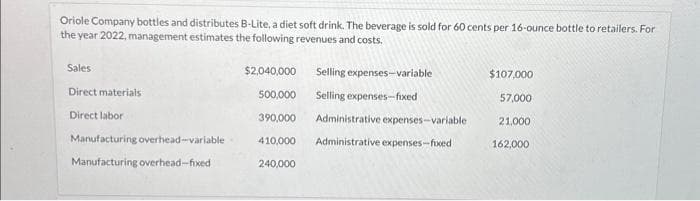 Oriole Company bottles and distributes B-Lite, a diet soft drink. The beverage is sold for 60 cents per 16-ounce bottle to retailers. For
the year 2022, management estimates the following revenues and costs.
Sales
Direct materials
Direct labor
Manufacturing overhead-variable
Manufacturing overhead-fixed
$2,040,000
500,000
390,000
Administrative expenses-variable
410,000 Administrative expenses-fixed
240,000
Selling expenses-variable
Selling expenses-fixed
$107,000
57,000
21,000
162,000