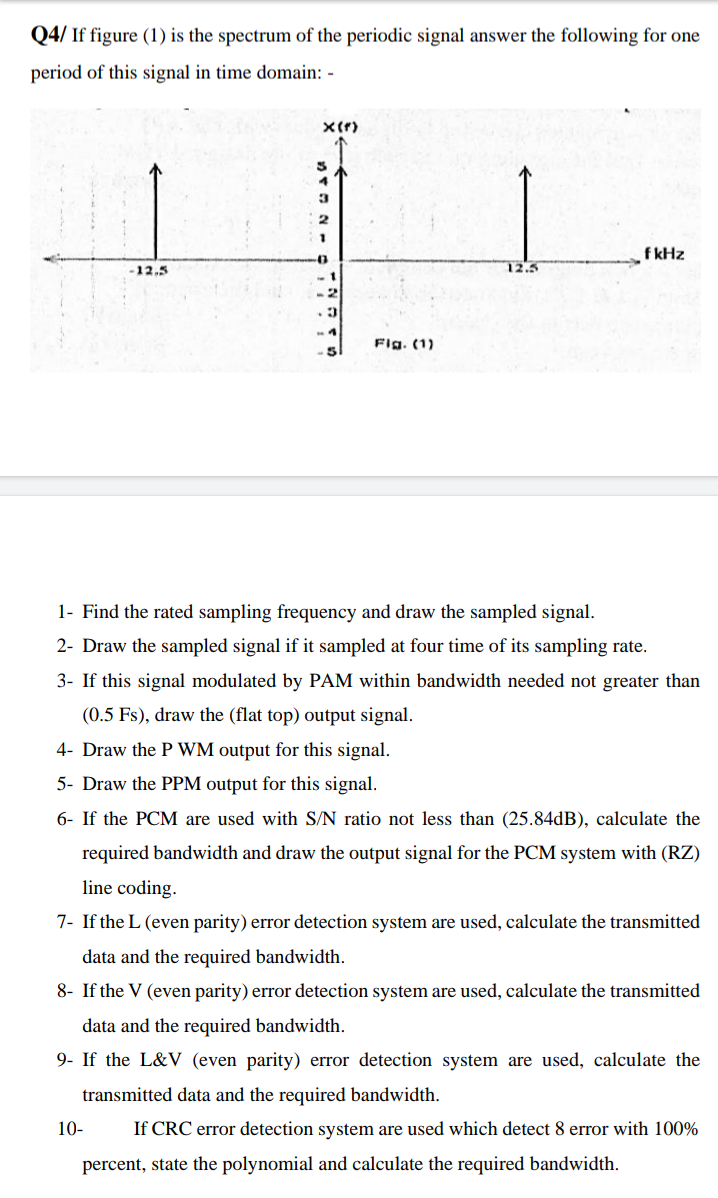 Q4/ If figure (1) is the spectrum of the periodic signal answer the following for one
period of this signal in time domain: -
f kHz
12.5
-12.5
-1
Fig. (1)
1- Find the rated sampling frequency and draw the sampled signal.
2- Draw the sampled signal if it sampled at four time of its sampling rate.
3- If this signal modulated by PAM within bandwidth needed not greater than
(0.5 Fs), draw the (flat top) output signal.
4- Draw the P WM output for this signal.
5- Draw the PPM output for this signal.
6- If the PCM are used with S/N ratio not less than (25.84dB), calculate the
required bandwidth and draw the output signal for the PCM system with (RZ)
line coding.
7- If the L (even parity) error detection system are used, calculate the transmitted
data and the required bandwidth.
8- If the V (even parity) error detection system are used, calculate the transmitted
data and the required bandwidth.
9- If the L&V (even parity) error detection system are used, calculate the
transmitted data and the required bandwidth.
10-
If CRC error detection system are used which detect 8 error with 100%
percent, state the polynomial and calculate the required bandwidth.
