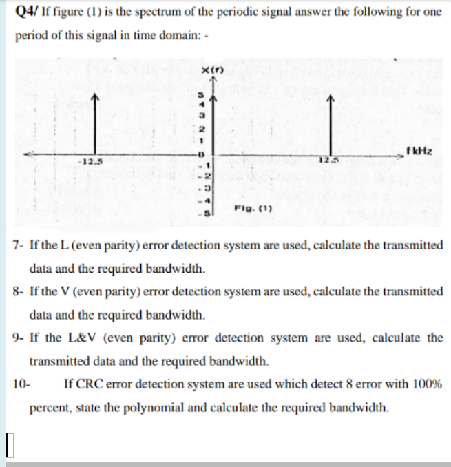 Q4/ If figure (1) is the spectrum of the periodic signal answer the following for one
period of this signal in time domain: -
fkHz
12.5
Fig. (1)
7- If the L (even parity) error detection system are used, calculate the transmitted
data and the required bandwidth.
8- If the V (even parity) error detection system are used, calculate the transmitted
data and the required bandwidth.
9- If the L&V (even parity) error detection system are used, calculate the
transmitted data and the required bandwidth.
10-
If CRC error detection system are used which detect 8 error with 100%
percent, state the polynomial and calculate the required bandwidth.
rn N -
