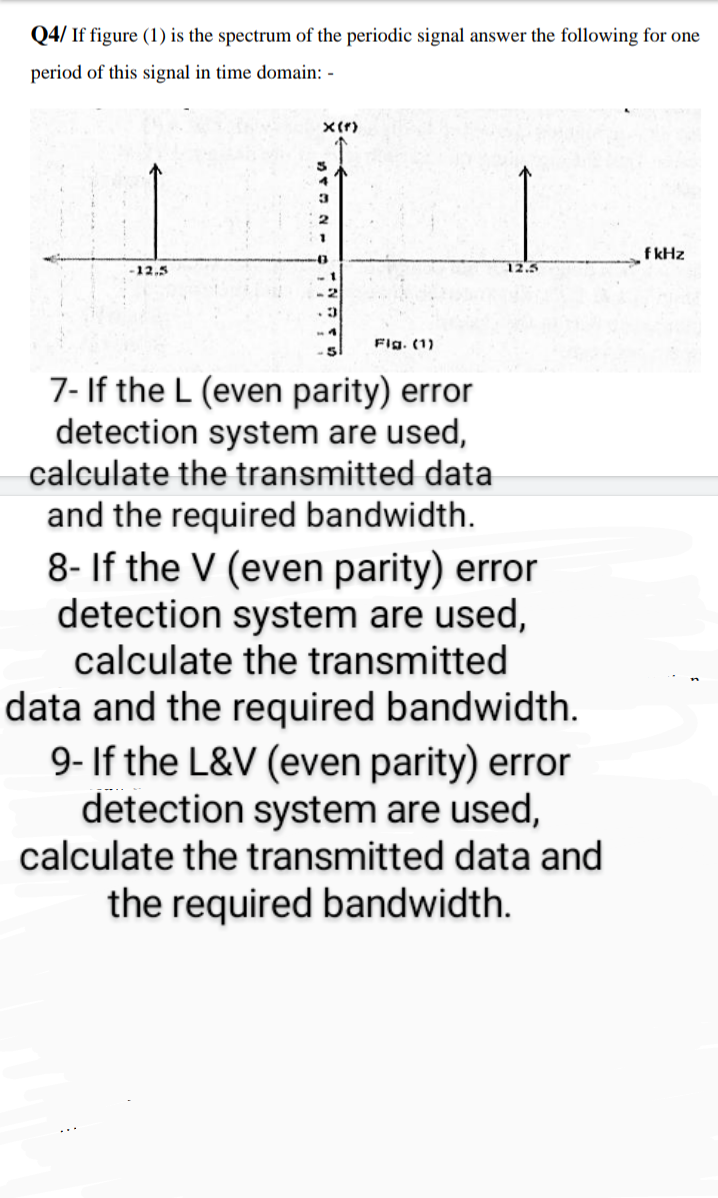 Q4/ If figure (1) is the spectrum of the periodic signal answer the following for one
period of this signal in time domain: -
2
f kHz
-12.5
12.5
Flg. (1)
7- If the L (even parity) error
detection system are used,
calculate the transmitted data
and the required bandwidth.
8- If the V (even parity) error
detection system are used,
calculate the transmitted
data and the required bandwidth.
9- If the L&V (even parity) error
detection system are used,
calculate the transmitted data and
the required bandwidth.
