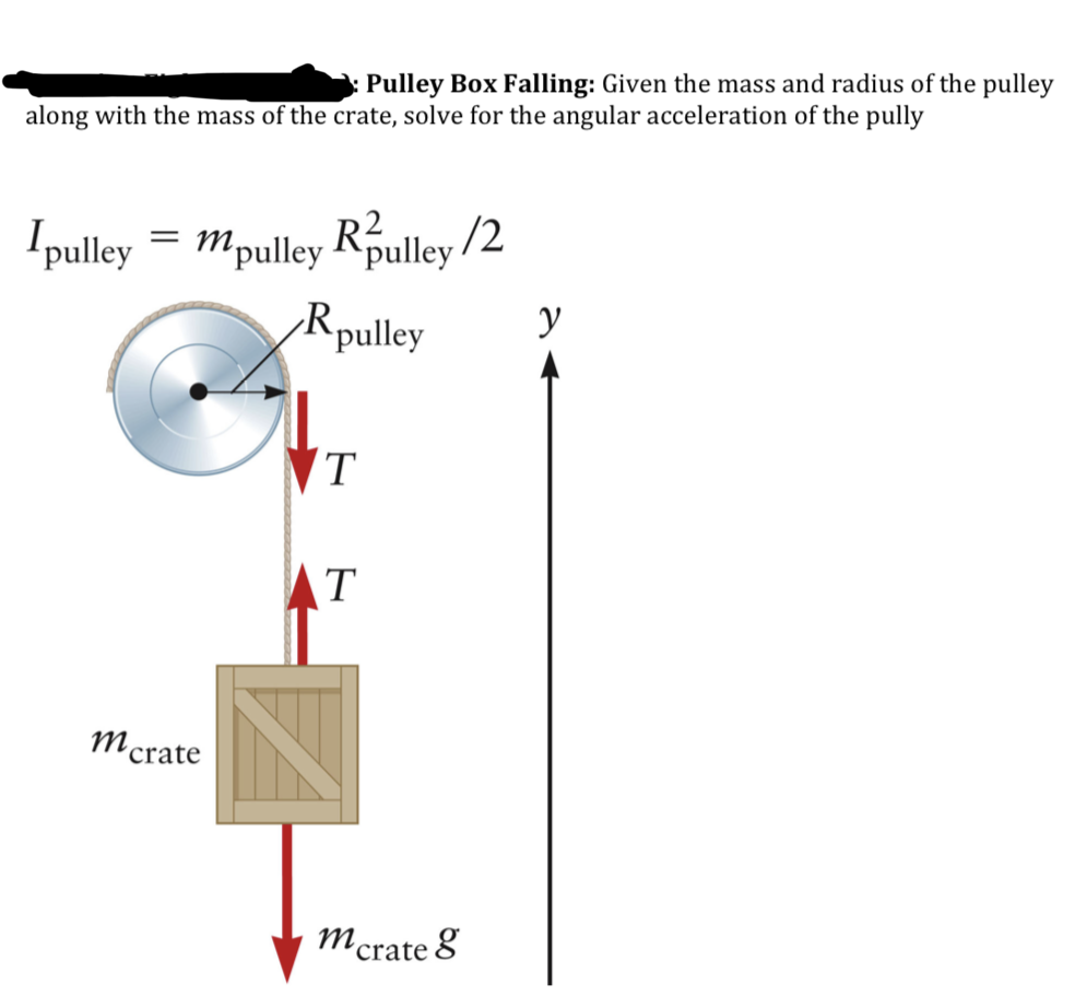 Pulley Box Falling: Given the mass and radius of the pulley
along with the mass of the crate, solve for the angular acceleration of the pully
Ipulley
mpulley
R2
pulley/2
Rpulley
y
VT
T
´crate
m &
´crate
