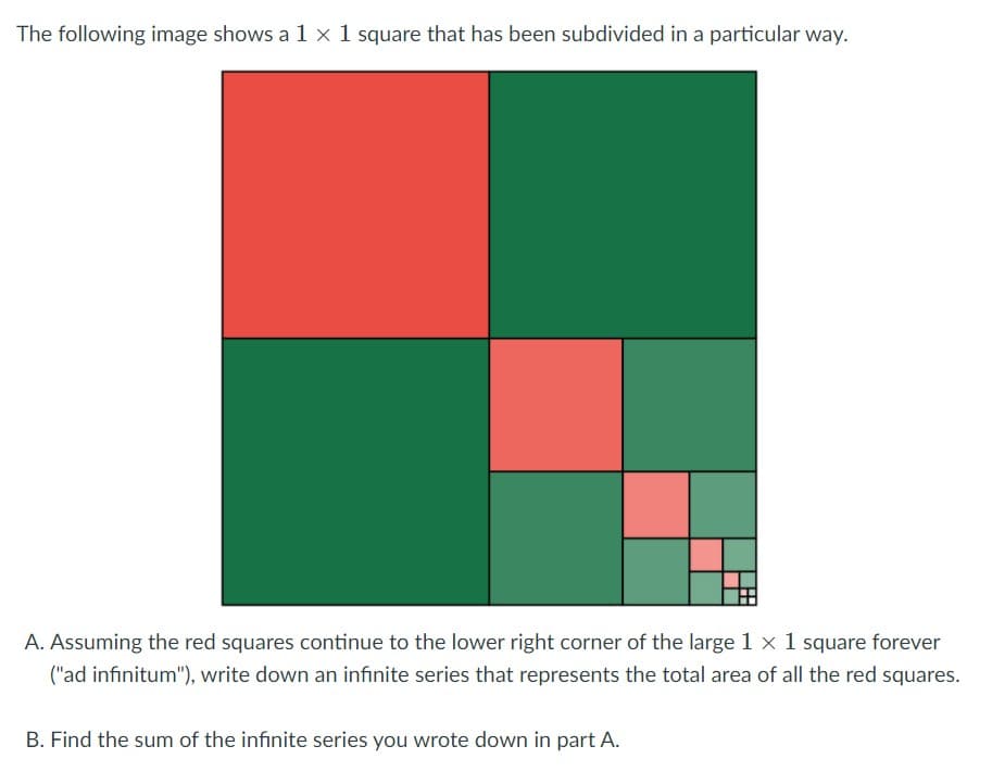 The following image shows a 1 × 1 square that has been subdivided in a particular way.
A. Assuming the red squares continue to the lower right corner of the large 1 x 1 square forever
("ad infinitum"), write down an infinite series that represents the total area of all the red squares.
B. Find the sum of the infinite series you wrote down in part A.
