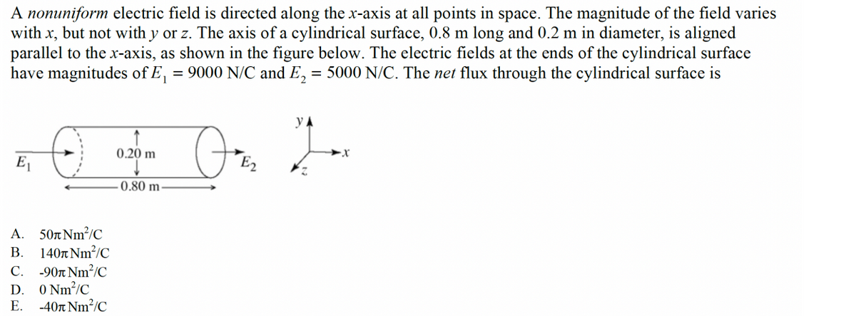 A nonuniform electric field is directed along the x-axis at all points in space. The magnitude of the field varies
with x, but not with y or z. The axis of a cylindrical surface, 0.8 m long and 0.2 m in diameter, is aligned
parallel to the x-axis, as shown in the figure below. The electric fields at the ends of the cylindrical surface
have magnitudes of E₁ = 9000 N/C and E₂ = 5000 N/C. The net flux through the cylindrical surface is
OPE₂
E₁
A.
50 Nm²/C
B. 140 Nm²/C
C. -90 Nm²/C
D. 0 Nm²/C
E.
-40 Nm²/C
0.20 m
0.80 m
YA
2