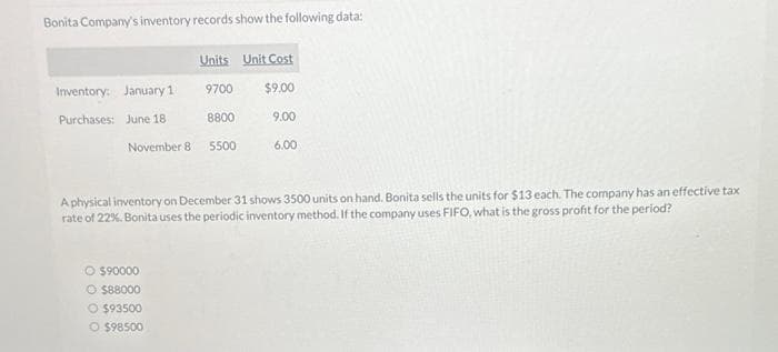 Bonita Company's inventory records show the following data:
Units Unit Cost
9700
$9.00
9.00
6.00
Inventory: January 1
Purchases: June 18
November 8.
O $90000
Ⓒ$88000
8800
A physical inventory on December 31 shows 3500 units on hand. Bonita sells the units for $13 each. The company has an effective tax
rate of 22%. Bonita uses the periodic inventory method. If the company uses FIFO, what is the gross profit for the period?
O $93500
Ⓒ $98500
5500