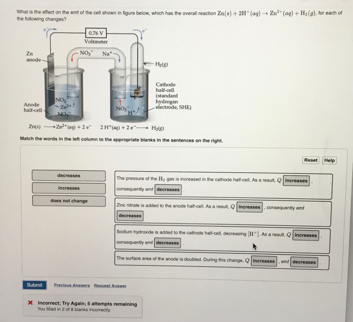 What is the effect on the emf of the cell shown in figure below, which has the overall reaction Zn(s) + 2H+ (aq) → Zn²+ (aq) + H₂(g), for each of
the following changes?
Zn
anode
Anode
half-cell
NO₂
Zn²+
NO₂-
Submit
NO3
0.76 V
Voltmeter
decreases
increases
Na+
does not change
NO3
Zn(s) →→→ Zn²+ (aq) + 2 e¯
2 H+ (aq) + 2 e
H₂(g)
Match the words in the left column to the appropriate blanks in the sentences on the right.
H+
-H₂(8)
Cathode
half-cell
(standard
hydrogen
electrode, SHE)
Previous Answers Request Answer
The pressure of the H₂ gas is increased in the cathode half-cell. As a result, Qincreases
consequently emf decreases
Zinc nitrate is added to the anode half-cell. As a result, increases
decreases
X Incorrect; Try Again; 5 attempts remaining
You filled in 2 of 8 blanks incorrectly.
Reset
Sodium hydroxide is added to the cathode half-cell, decreasing [H+]. As a result, increases
consequently emf decreases
consequently emf
The surface area of the anode is doubled. During this change, Q increases, emf decreases
Help