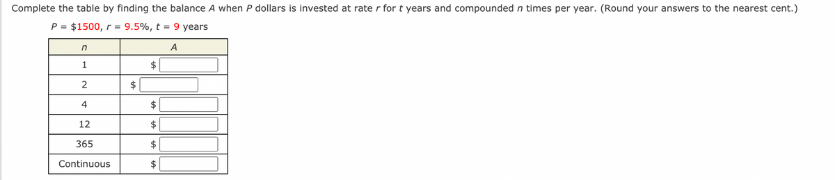 Complete the table by finding the balance A when P dollars is invested at rate r for t years and compounded n times per year. (Round your answers to the nearest cent.)
P = $1500, r =
9.5%, t = 9 years
n
A
1
2
4
12
365
Continuous
%24
