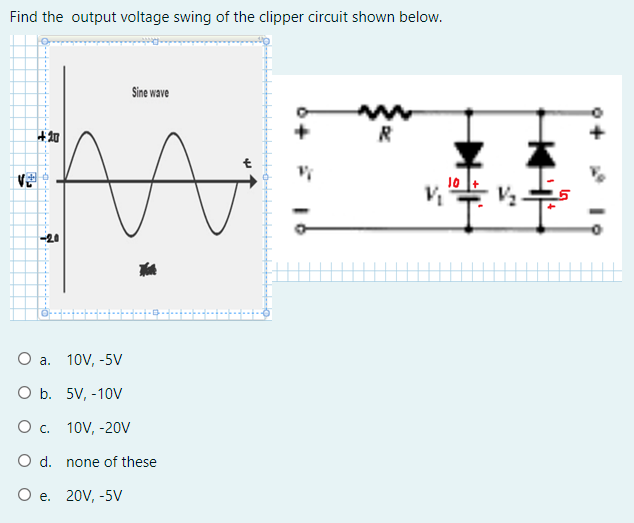 Find the output voltage swing of the clipper circuit shown below.
Sine wave
+10
R
O a. 10V, -5V
O b. 5V, -10V
О с.
10V, -20V
O d. none of these
О е. 20V, -5V
***0-------
