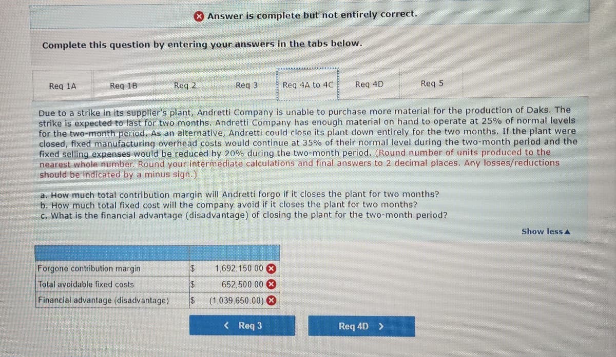 Complete this question by entering your answers in the tabs below.
Req 1A
Req 1B
X Answer is complete but not entirely correct.
Req 2
Forgone contribution margin
Total avoidable fixed costs
Financial advantage (disadvantage)
Req 3
$
$
i$
Due to a strike in its supplier's plant, Andretti Company is unable to purchase more material for the production of Daks. The
strike is expected to last for two months. Andretti Company has enough material on hand to operate at 25% of normal levels
for the two-month period. As an alternative, Andretti could close its plant down entirely for the two months. If the plant were
closed, fixed manufacturing overhead costs would continue at 35% of their normal level during the two-month period and the
fixed selling expenses would be reduced by 20% during the two-month period. (Round number of units produced to the
nearest whole number. Round your intermediate calculations and final answers to 2 decimal places. Any losses/reductions
should be indicated by a minus sign.)
Req 4A to 4C
a. How much total contribution margin will Andretti forgo if it closes the plant for two months?
b. How much total fixed cost will the company avoid if it closes the plant for two months?
c. What is the financial advantage (disadvantage) of closing the plant for the two-month period?
1,692,150 00 x
652,500.00 x
(1,039,650.00) X
Req 4D
< Req 3
Req 5
Req 4D >
Show less A