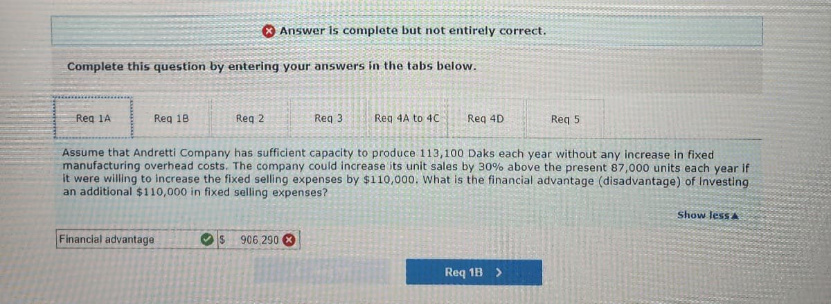 Complete this question by entering your answers in the tabs below.
Req 1A
Req 18
Answer is complete but not entirely correct.
Reg 2
Financial advantage
Req 3
906,290 X
Req 4A to 4C
Req 4D
Assume that Andretti Company has sufficient capacity to produce 113,100 Daks each year without any increase in fixed
manufacturing overhead costs. The company could increase its unit sales by 30% above the present 87,000 units each year if
it were willing to increase the fixed selling expenses by $110,000. What is the financial advantage (disadvantage) of investing
an additional $110,000 in fixed selling expenses?
Req 5
Req 1B >
Show less