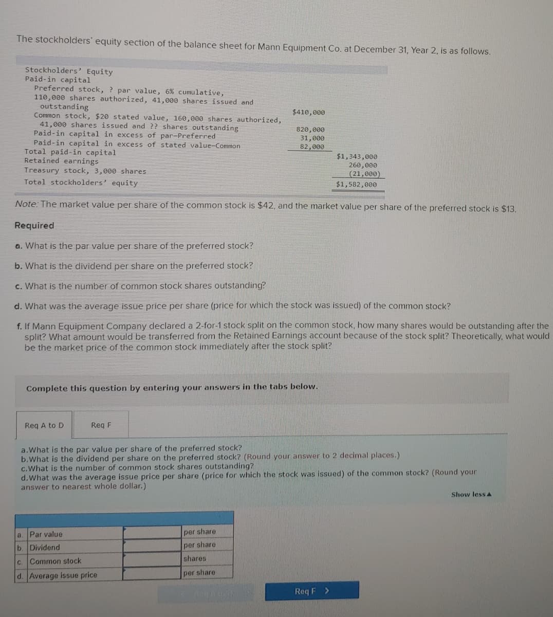 The stockholders' equity section of the balance sheet for Mann Equipment Co. at December 31, Year 2, is as follows.
Stockholders' Equity
Paid-in capital
Preferred stock, ? par value, 6% cumulative,
110,000 shares authorized, 41,000 shares issued and
outstanding
Common stock, $20 stated value, 160,000 shares authorized,
41,000 shares issued and ?? shares outstanding
Paid-in capital in excess of par-Preferred
Paid-in capital in excess of stated value-Common
Total paid-in capital
Retained earnings
Treasury stock, 3,000 shares
Total stockholders' equity
Note: The market value per share of the common stock is $42, and the market value per share of the preferred stock is $13.
Required
a. What is the par value per share of the preferred stock?
b. What is the dividend per share on the preferred stock?
c. What is the number of common stock shares outstanding?
d. What was the average issue price per share (price for which the stock was issued) of the common stock?
f. If Mann Equipment Company declared a 2-for-1 stock split on the common stock, how many shares would be outstanding after the
split? What amount would be transferred from the Retained Earnings account because of the stock split? Theoretically, what would
be the market price of the common stock immediately after the stock split?
Req A to D
Complete this question by entering your answers in the tabs below.
C.
Req F
a. Par value
b Dividend
$410,000
820,000
31,000
82,000
a. What is the par value per share of the preferred stock?
b. What is the dividend per share on the preferred stock? (Round your answer to 2 decimal places.)
Common stock
d. Average issue price
c.What is the number of common stock shares outstanding?
d. What was the average issue price per share (price for which the stock was issued) of the common stock? (Round your
answer to nearest whole dollar.)
per share
per share
shares
per share
$1,343,000.
260,000
(21,000)
$1,582,000
Req F >
Show less A