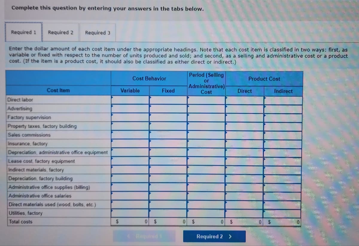 Complete this question by entering your answers in the tabs below.
Required 1 Required 2 Required 3
Enter the dollar amount of each cost item under the appropriate headings. Note that each cost item is classified in two ways: first, as
variable or fixed with respect to the number of units produced and sold; and second, as a selling and administrative cost or a product
cost. (If the item is a product cost, it should also be classified as either direct or indirect.)
Cost Item
Direct labor
Advertising
Factory supervision
Property taxes, factory building
Sales commissions
Insurance, factory
Depreciation, administrative office equipment
Lease cost, factory equipment
Indirect materials, factory
Depreciation, factory building
Administrative office supplies (billing)
Administrative office salaries
Direct materials used (wood, bolts, etc.)
Utilities, factory
Total costs
$
Cost Behavior
Variable
0
$
Fixed
0
Period (Selling
or
Administrative)
Cost
$
0 $
Required 2 >
Product Cost
Direct
0 $
Indirect
0
S