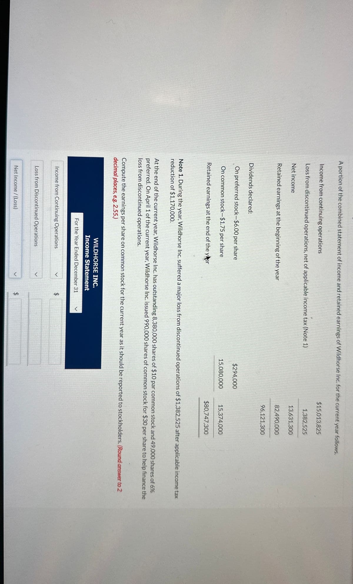 A portion of the combined statement of income and retained earnings of Wildhorse Inc. for the current year follows.
Income from continuing operations
$15,013,825
Loss from discontinued operations, net of applicable income tax (Note 1)
1,382,525
Net income
13,631,300
Retained earnings at the beginning of the year
82,490,000
96,121,300
Dividends declared:
On preferred stock-$6.00 per share
On common stock-$1.75 per share
Retained earnings at the end of the yer
$294,000
15,080,000
15,374,000
$80,747,300
Note 1. During the year, Wildhorse Inc. suffered a major loss from discontinued operations of $1,382,525 after applicable income tax
reduction of $1,170,000.
At the end of the current year, Wildhorse Inc. has outstanding 8,380,000 shares of $10 par common stock and 49,000 shares of 6%
preferred. On April 1 of the current year, Wildhorse Inc. issued 990,000 shares of common stock for $30 per share to help finance the
loss from discontinued operations.
Compute the earnings per share on common stock for the current year as it should be reported to stockholders. (Round answer to 2
decimal places, e.g. 2.55.)
WILDHORSE INC.
Income Statement
For the Year Ended December 31
Income from Continuing Operations
Loss from Discontinued Operations
Net Income/(Loss)
>
$
$