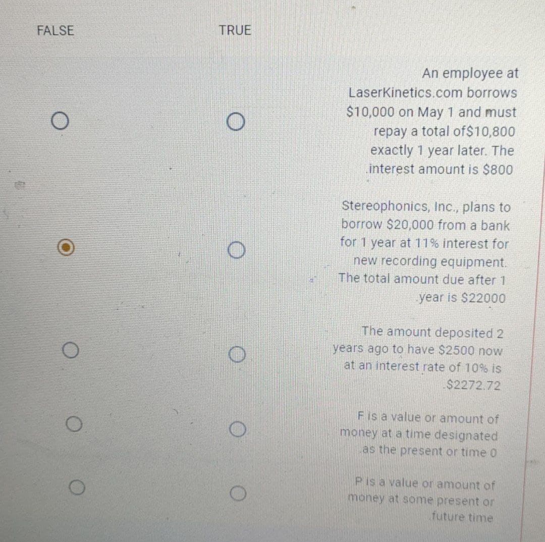 FALSE
TRUE
O
An employee at
LaserKinetics.com borrows
$10,000 on May 1 and must
repay a total of $10,800
exactly 1 year later. The
interest amount is $800
Stereophonics, Inc., plans to
borrow $20,000 from a bank
for 1 year at 11% interest for
new recording equipment.
The total amount due after 1
year is $22000
The amount deposited 2
years ago to have $2500 now
at an interest rate of 10% is
$2272.72
F is a value or amount of
money at a time designated
as the present or time 0
P is a value or amount of
money at some present or
future time