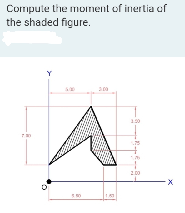 Compute the moment of inertia of
the shaded figure.
Y
5.00
3.00
3.50
7.00
1.75
1.75
2.00
6.50
1.50
