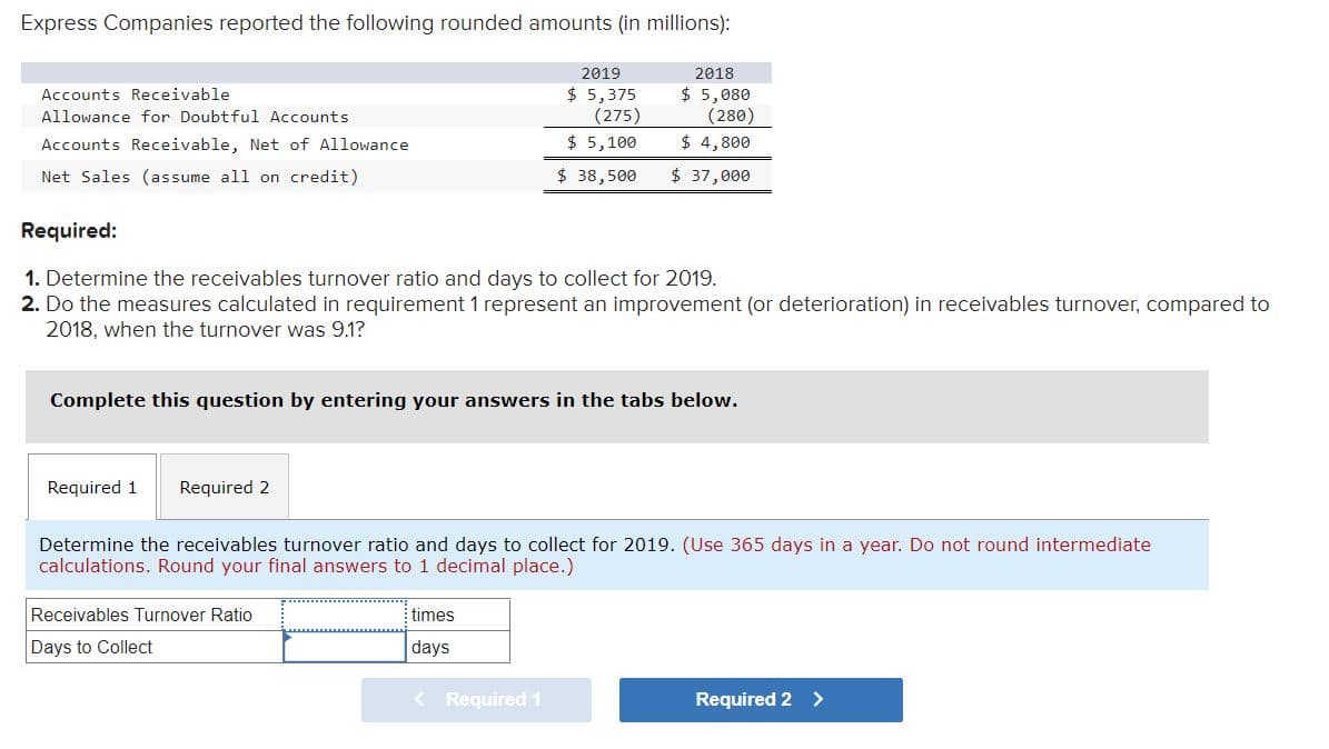 Express Companies reported the following rounded amounts (in millions):
2019
2018
$ 5,375
(275)
$ 5,100
$ 5,080
(280)
Accounts Receivable
Allowance for Doubtful Accounts
Accounts Receivable, Net of Allowance
$ 4,800
Net Sales (assume all on credit)
$ 38,500
$ 37,000
Required:
1. Determine the receivables turnover ratio and days to collect for 2019.
2. Do the measures calculated in requirement 1 represent an improvement (or deterioration) in receivables turnover, compared to
2018, when the turnover was 9.1?
Complete this question by entering your answers in the tabs below.
Required 1
Required 2
Determine the receivables turnover ratio and days to collect for 2019. (Use 365 days in a year. Do not round intermediate
calculations. Round your final answers to 1 decimal place.)
Receivables Turnover Ratio
times
Days to Collect
days
Required 1
Required 2 >
