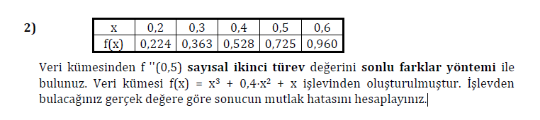 2)
X
0,2
0,3
0,4
0,5
0,6
f(x) 0,224| 0,363 0,528 0,725 0,960
Veri kümesinden f "(0,5) sayısal ikinci türev değerini sonlu farklar yöntemi ile
bulunuz. Veri kümesi f(x) = x³ + 0,4-x? + x işlevinden oluşturulmuştur. İşlevden
bulacağınız gerçek değere göre sonucun mutlak hatasını hesaplayınız.
