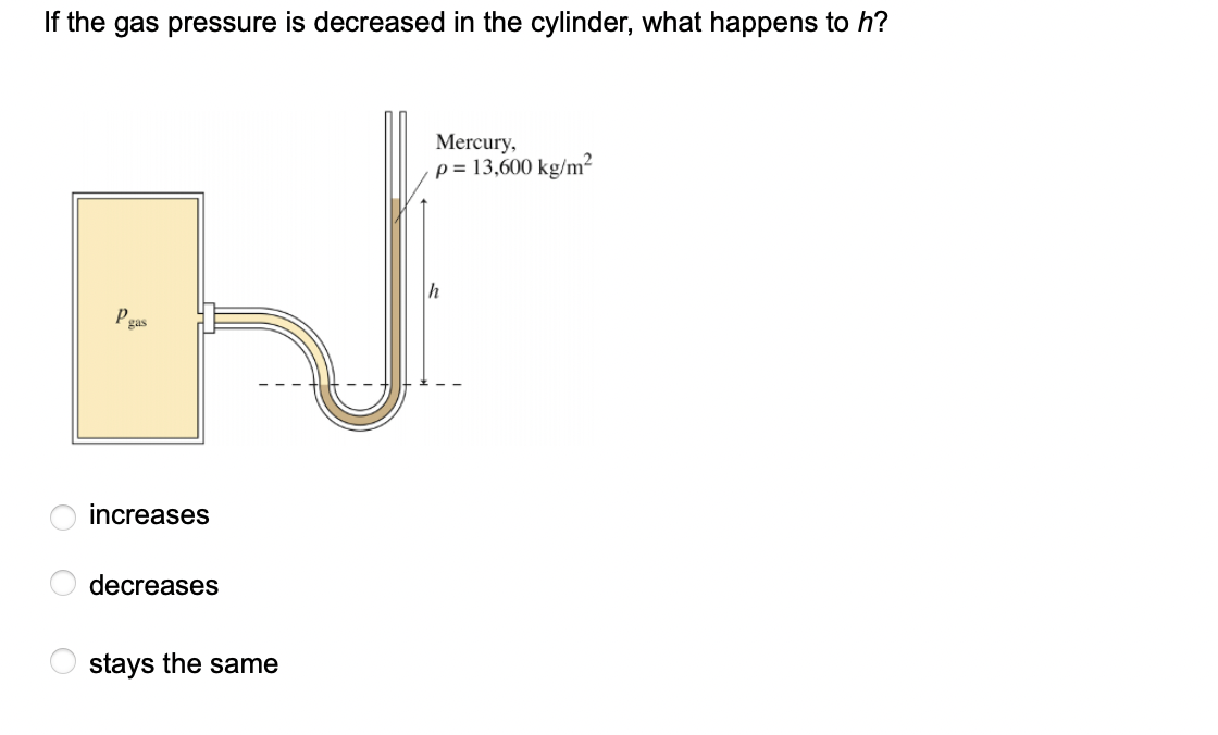 If the gas pressure is decreased in the cylinder, what happens to h?
O
Pgas
increases
decreases
stays the same
Mercury,
p = 13,600 kg/m²
h