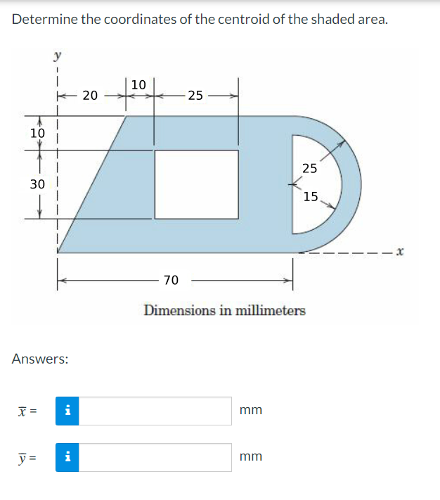 Determine the coordinates of the centroid of the shaded area.
10
30
y
1
Answers:
x =
MI
y = i
20
10
70
25
mm
25
Dimensions in millimeters
mm
15
x