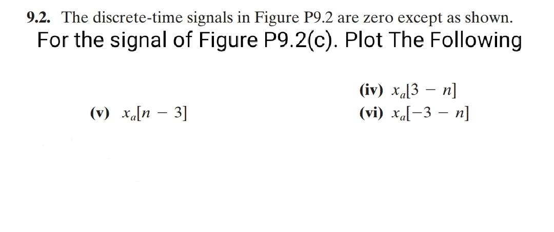 9.2. The discrete-time signals in Figure P9.2 are zero except as shown.
For the signal of Figure P9.2(c). Plot The Following
(iv) х.13 — п]
(vi) х.|-3 — п]
(v) xa[n – 3]
