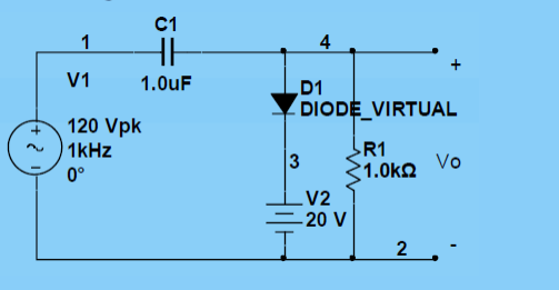 C1
1
4
V1
1.0uF
D1
DIODE_VIRTUAL
120 Vpk
1kHz
R1
3
31.0ko Vo
0°
.V2
-20 V
2
