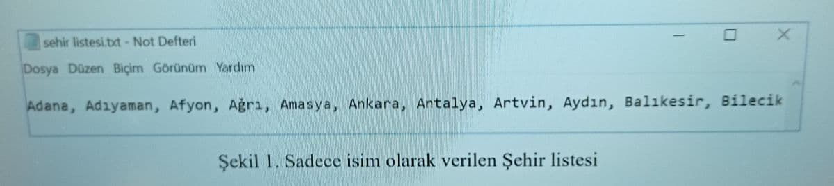 sehir listesi.txt- Not Defteri
Dosya Düzen Biçim Görünüm Yardım
Adana, Adıyaman, Afyon, Agrı, Amasya, Ankara, Antalya, Artvin, Aydın, Balıkesir, Bilecik
Şekil 1. Sadece isim olarak verilen Şehir listesi
