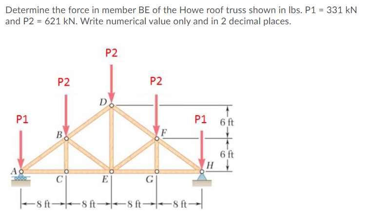 Determine the force in member BE of the Howe roof truss shown in Ibs. P1 = 331 kN
and P2 = 621 kN. Write numerical value only and in 2 decimal places.
P2
P2
P2
D
P1
P1
6 ft
B
F
6 ft
H.
Ao
E
G|
Es ft--
-8 ft 8 ft→-8 ft-
