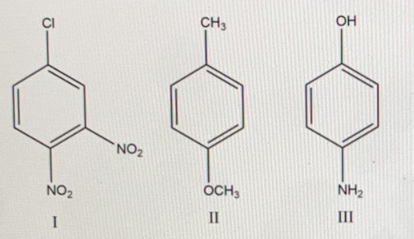 ### Chemical Structures of Substituted Benzene Derivatives

In this section, we analyze the chemical structures of various substituted benzene derivatives. Understanding these structures is essential for comprehending the properties and reactions of aromatic compounds in organic chemistry.

#### Structure I
- **Substituents**: 
  - **Chlorine (Cl)** at the 1-position
  - **Nitro group (NO₂)** at the 2-position
  - **Nitro group (NO₂)** at the 4-position
- **Description**: This compound is a benzene ring with three substituents. The chlorine atom is present at the 1-position, while nitro groups are at the 2- and 4-positions, indicating a symmetric substitution pattern. This arrangement is often referred to as a 1,2,4-trisubstituted benzene.

#### Structure II
- **Substituents**:
  - **Methyl group (CH₃)** at the 1-position
  - **Methoxy group (OCH₃)** at the 4-position
- **Description**: This compound is a monosubstituted benzene where the substituents are positioned at the 1- and 4-positions. The presence of a methyl group and a methoxy group can influence the reactivity and physical properties of the benzene ring.

#### Structure III
- **Substituents**:
  - **Hydroxyl group (OH)** at the 1-position
  - **Amino group (NH₂)** at the 4-position
- **Description**: This derivative features a hydroxyl group at the 1-position and an amino group at the 4-position, creating a 1,4-disubstituted benzene. The presence of both hydroxyl and amino groups can significantly affect the electron density of the aromatic ring.

These structures are fundamental for students to understand substitution patterns and the resulting chemical behavior of benzene derivatives. Each substituent can activate or deactivate the aromatic ring, influencing its reactivity and interaction with other chemical entities.