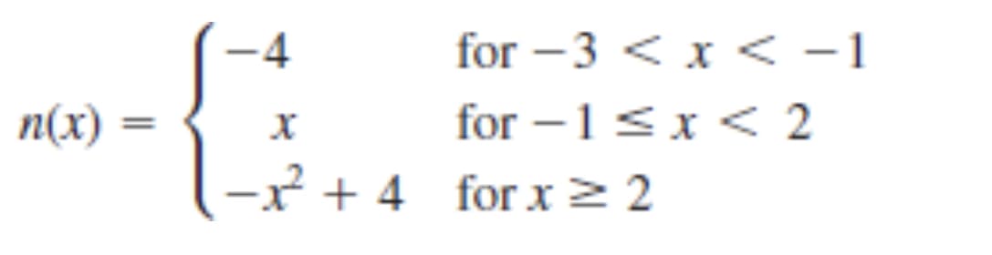 -4
for –3 < x < –1
for –1<x < 2
-x + 4 for x2 2
n(x)
||
