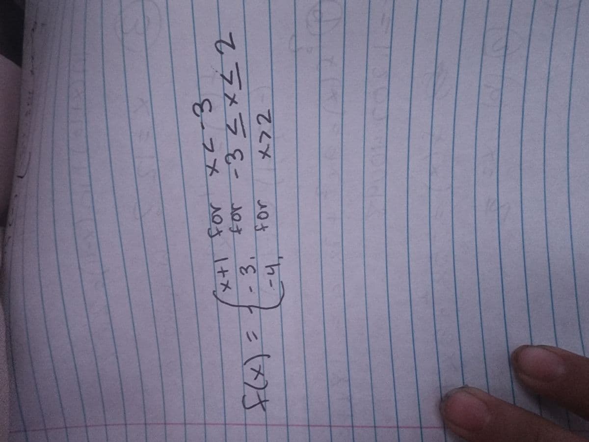 Below is the transcription for the image, intended for use on an educational website:

---

**Piecewise Function Definition:**

The function \( f(x) \) is defined as follows:

\[
f(x) = 
\begin{cases} 
x + 1 & \text{for } x < -3 \\
-3 & \text{for } -3 \leq x \leq 2 \\
-4 & \text{for } x > 2 
\end{cases}
\]

**Explanation:**

This is a piecewise function, which means that the function \( f(x) \) is defined by different expressions depending on the value of \( x \). 

1. **For values of \( x \) less than -3:**
   - The function \( f(x) \) is given by the expression \( x + 1 \).

2. **For values of \( x \) between -3 and 2 inclusive:**
   - The function \( f(x) \) is constant and equals -3.

3. **For values of \( x \) greater than 2:**
   - The function \( f(x) \) is constant and equals -4.

**Graphical Representation:**

A graph of this piecewise function would have three distinct parts:
1. A line with a slope of 1 (since the expression \( x + 1 \) is linear) for \( x < -3 \).
2. A horizontal line at \( y = -3 \) from \( x = -3 \) to \( x = 2 \).
3. Another horizontal line at \( y = -4 \) for \( x > 2 \).

**Important Points to Note:**
- At \( x = -3 \) and \( x = 2 \), there will be filled dots indicating that the value at those points is included, ensuring the function is well defined and continuous at these specific points of the interval.

--- 

This detailed breakdown illustrates how to interpret and represent a piecewise function mathematically and graphically.