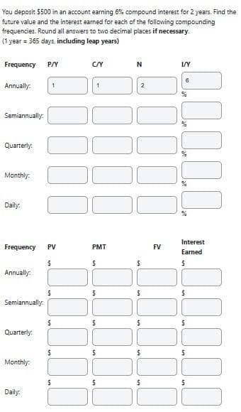 You deposit $500 in an account earning 6% compound interest for 2 years. Find the
future value and the interest earned for each of the following compounding
frequencies. Round all answers to two decimal places if necessary.
(1 year = 365 days, including leap years)
Frequency
Annually:
Semiannually:
Quarterly:
Monthly
Daily:
Annually:
Frequency PV
$
Semiannually:
Quarterly:
Monthly
P/Y
Daily:
1
$
$
$
$
C/Y
1
PMT
$
$
$
$
$
N
2
$
10
$
$
$
$
FV
I/Y
6
0.0.0.0.0.
%
Interest
Earned
$
$
0.0.0.0