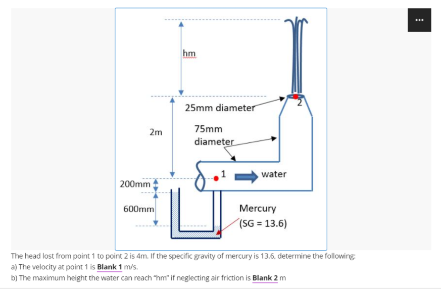 hm
25mm diameter
2m
75mm
diameter
1
water
200mm
600mm
Mercury
(SG = 13.6)
The head lost from point 1 to point 2 is 4m. If the specific gravity of mercury is 13.6, determine the following:
a) The velocity at point 1 is Blank 1 m/s.
b) The maximum height the water can reach "hm" if neglecting air friction is Blank 2 m
