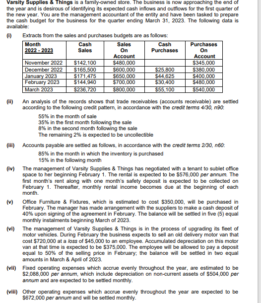 Varsity Supplies & Things is a family-owned store. The business is now approaching the end of
the year and is desirous of identifying its expected cash inflows and outflows for the first quarter of
the new year. You are the management accountant of the entity and have been tasked to prepare
the cash budget for the business for the quarter ending March 31, 2023. The following data is
available:
(1)
(ii)
Extracts from the sales and purchases budgets are as follows:
Month
Sales
2022- 2023
On
Account
November 2022
December 2022
January 2023
February 2023
March 2023
Cash
Sales
$142,100
$165,500
$171,475
$144,940
$236,720
$480,000
$600,000
$650,000
$700,000
$800,000
Cash
Purchases
$25,800
$44,625
$30,400
$55,100
55% in the month of sale
35% in the first month following the sale
8% in the second month following the sale
The remaining 2% is expected to be uncollectible
Purchases
On
Account
$345,000
$380,000
$400,000
$480,000
$540,000
An analysis of the records shows that trade receivables (accounts receivable) are settled
according to the following credit pattern, in accordance with the credit terms 4/30, n90:
(iii) Accounts payable are settled as follows, in accordance with the credit terms 2/30, n60:
85% in the month in which the inventory is purchased
15% in the following month
(iv)
The management of Varsity Supplies & Things has negotiated with a tenant to sublet office
space to her beginning February 1. The rental is expected to be $576,000 per annum. The
first month's rent along with one month's safety deposit is expected to be collected on
February 1. Thereafter, monthly rental income becomes due at the beginning of each
month.
(v) Office Furniture & Fixtures, which is estimated to cost $350,000, will be purchased in
February. The manager has made arrangement with the suppliers to make a cash deposit of
40% upon signing of the agreement in February. The balance will be settled in five (5) equal
monthly instalments beginning March of 2023.
(vi) The management of Varsity Supplies & Things is in the process of upgrading its fleet of
motor vehicles. During February the business expects to sell an old delivery motor van that
cost $720,000 at a loss of $45,000 to an employee. Accumulated depreciation on this motor
van at that time is expected to be $375,000. The employee will be allowed to pay a deposit
equal to 50% of the selling price in February; the balance will be settled in two equal
amounts in March & April of 2023.
(vii) Fixed operating expenses which accrue evenly throughout the year, are estimated to be
$2,088,000 per annum, which include depreciation on non-current assets of $504,000 per
annum and are expected to be settled monthly.
(viii) Other operating expenses which accrue evenly throughout the year are expected to be
$672,000 per annum and will be settled monthly.
