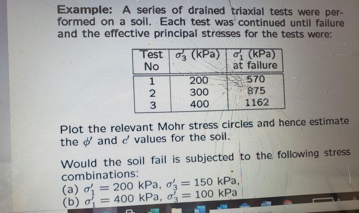 Example: A series of drained triaxial tests were per-
formed on a soil. Each test was continued until failure
and the effective principal stresses for the tests were:
(kPa)
Test
No
1
2
3
200
300
400
S
(kPa)
at failure
Plot the relevant Mohr stress circles and hence estimate
the o' and e' values for the soil.
S
Would the soil fail is subjected to the following stress
combinations:
(a) o 200 kPa, o
-
(b) o = 400
kPa, o
570
875
1162
150 kPa,
100 kPa