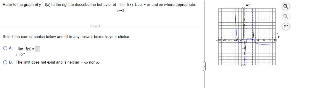 Refer to the graph of y = f(x) to the right to describe the behavior of lim f(x). Use -∞o and ∞o where appropriate.
X-2
C
Select the correct choice below and fill in any answer boxes
your choice.
O A.
lim f(x) =
X-2
OB. The limit does not exist and is neither o nor ∞o.